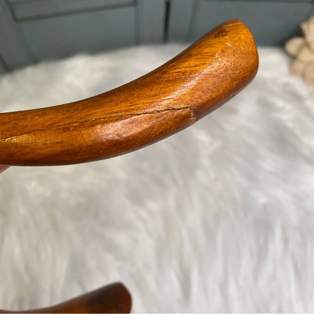 2 Vintage Carved Wood Horn Handle & Arched Curved Handle Salad Serving Sets